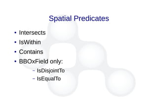 Spatial Predicates
● Intersects
● IsWithin
● Contains
● BBOxField only:
– IsDisjointTo
– IsEqualTo
 