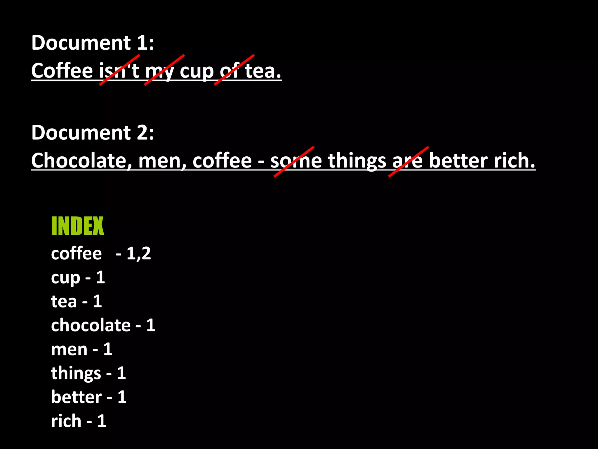 Document 1:
Coffee isn't my cup of tea.
Document 2:
Chocolate, men, coffee - some things are better rich.
INDEX
coffee - 1,2
cup - 1
tea - 1
chocolate - 1
men - 1
things - 1
better - 1
rich - 1
 