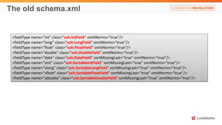The old schema.xml
<fieldType name="int" class="solr.IntField" omitNorms="true"/>
<fieldType name="long" class="solr.LongField" omitNorms="true"/>
<fieldType name="float" class="solr.FloatField" omitNorms="true"/>
<fieldType name="double" class="solr.DoubleField" omitNorms="true"/>
<fieldType name="date" class="solr.DateField" sortMissingLast="true" omitNorms="true"/>
<fieldType name="sint" class="solr.SortableIntField" sortMissingLast="true" omitNorms="true"/>
<fieldType name="slong" class="solr.SortableLongField" sortMissingLast="true" omitNorms="true"/>
<fieldType name="sfloat" class="solr.SortableFloatField" sortMissingLast="true" omitNorms="true"/>
<fieldType name="sdouble" class="solr.SortableDoubleField" sortMissingLast="true" omitNorms="true"/>
 