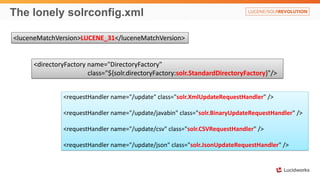 The lonely solrconfig.xml
<requestHandler name="/update" class="solr.XmlUpdateRequestHandler" />
<requestHandler name="/update/javabin" class="solr.BinaryUpdateRequestHandler" />
<requestHandler name="/update/csv" class="solr.CSVRequestHandler" />
<requestHandler name="/update/json" class="solr.JsonUpdateRequestHandler" />
<luceneMatchVersion>LUCENE_31</luceneMatchVersion>
<directoryFactory name="DirectoryFactory"
class="${solr.directoryFactory:solr.StandardDirectoryFactory}"/>
 