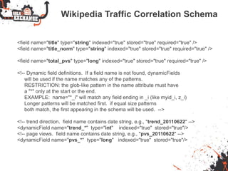 Wikipedia Traffic Correlation Schema
<field name="title" type="string" indexed="true" stored="true" required="true" />
<field name="title_norm" type="string" indexed="true" stored="true" required="true" />
<field name="total_pvs" type="long" indexed="true" stored="true" required="true" />
<!-- Dynamic field definitions. If a field name is not found, dynamicFields
will be used if the name matches any of the patterns.
RESTRICTION: the glob-like pattern in the name attribute must have
a "*" only at the start or the end.
EXAMPLE: name="*_i" will match any field ending in _i (like myid_i, z_i)
Longer patterns will be matched first. if equal size patterns
both match, the first appearing in the schema will be used. -->
<!-- trend direction. field name contains date string, e.g., "trend_20110622" -->
<dynamicField name="trend_*" type="int" indexed="true" stored="true"/>
<!-- page views. field name contains date string, e.g., "pvs_20110622" -->
<dynamicField name="pvs_*" type="long" indexed="true" stored="true"/>
 