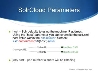 SolrCloud Parameters
S host – Solr defaults to using the machine IP address.
Using the “host” parameter you can overwrite the solr.xml
host value within the <solrcloud> element.
<str name="host">${host:}</str>
S jetty.port – port number a shard will be listening
German A Gutierrez - SolrCloud
 
