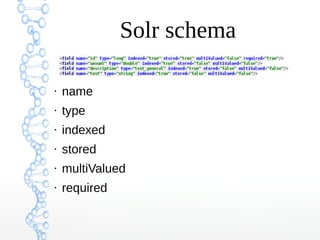 Solr schema
●
name
●
type
●
indexed
●
stored
●
multiValued
●
required
 