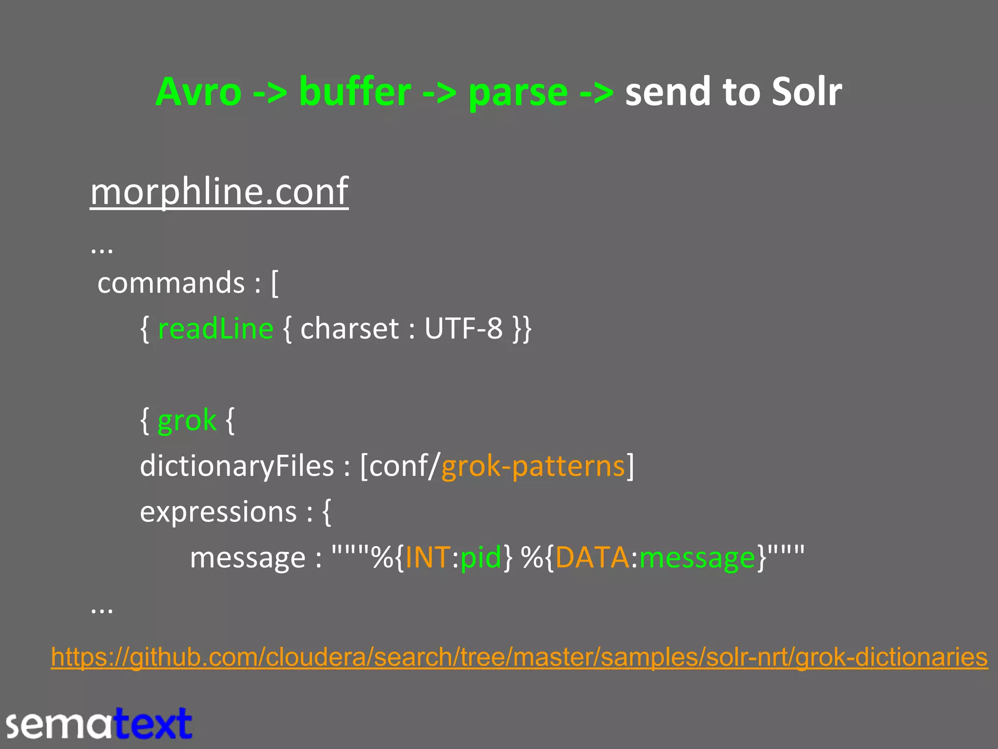 Avro -> buffer -> parse -> send to Solr
morphline.conf
...
commands : [
{ readLine { charset : UTF-8 }}
{ grok {
dictionaryFiles : [conf/grok-patterns]
expressions : {
message : """%{INT:pid} %{DATA:message}"""
...
https://github.com/cloudera/search/tree/master/samples/solr-nrt/grok-dictionaries

 