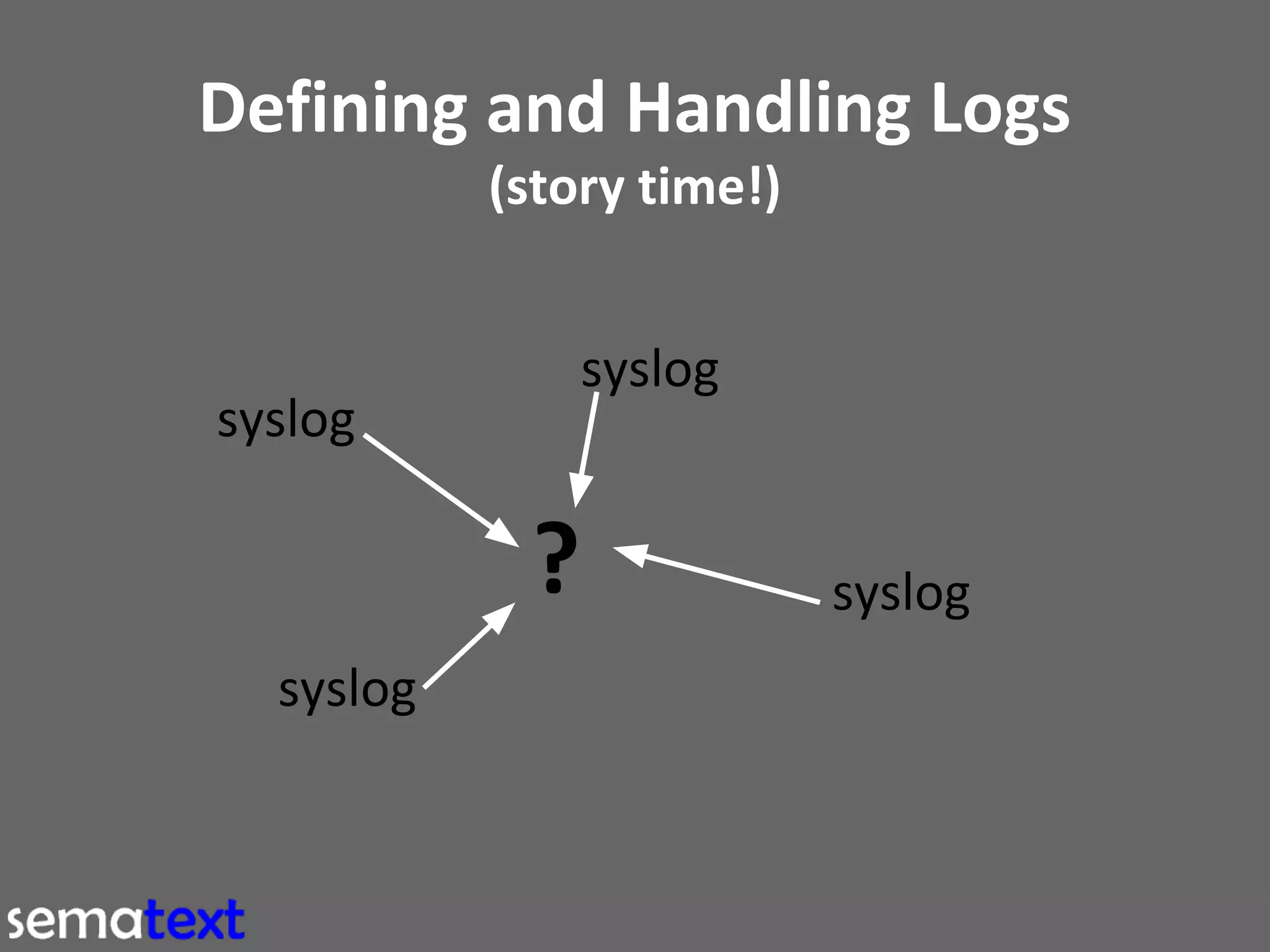 Defining and Handling Logs
(story time!)
syslog

syslog

?
syslog

syslog

 