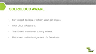 SOLRCLOUD AWARE
•

Can ‘inspect’ ZooKeeper to learn about Solr cluster.

•

What URL’s to GoLive to.

•

The Schema to use when building indexes.

•

Match hash -> shard assignments of a Solr cluster.

!
!
!

 