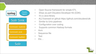 syslog

Flume
Agent

Solr Sink
Command: readLine
Command: grok
Command: loadSolr

Solr

•
•
•
•
•
•
•
•
•
•
•

Open Source framework for simple ETL
Ships as part Cloudera Developer Kit (CDK)
It’s a Java library
AL2 licensed on github https://github.com/cloudera/cdk
Similar to Unix pipelines
Configuration over coding
Supports common Hadoop formats
Avro
Sequence file
Text
Etc…

!

 