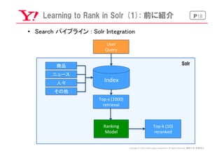 P18Learning  to  Rank  in  Solr  (1):  前に紹介
•  Search パイプライン : Solr Integration	
商品	
ニュース	
人々	
その他	
User	
  
Query	
Index	...