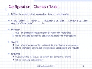 Configuration –  Champs  (fields) Définir la manière dont nous allons indexer nos données <field name="…"  type="…"  indexed="true|false"  stored="true|false" required="true|false"  … /> indexed true : un champ sur lequel on peut effectuer des recherches false : un champ qui ne sera pas accessible lors de l’interrogation stored true : champ qui pourra être retourné dans la réponse à une requête false : champ qui ne sera pas retourné dans la réponse à une requête required true: pour être indexé, un document doit contenir ce champ false : ce champ est optionnel Saïd Radhouani © 2010 
