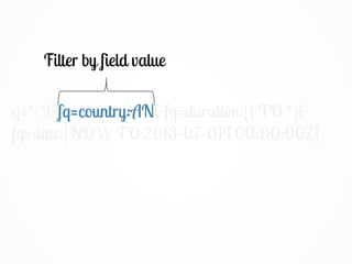q=*:*&fq=country:AN&fq=duration:[1 TO *]&
fq=date:[NOW TO 2013-07-01T00:00:00Z]
Filter by field value
fq=country:AN
 