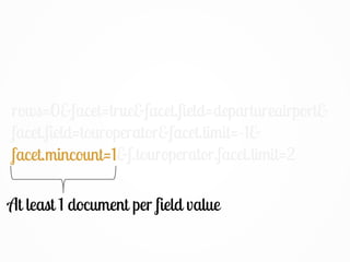 rows=0&facet=true&facet.field=departureairport&
facet.field=touroperator&facet.limit=-1&
facet.mincount=1&f.touroperator.facet.limit=2
At least 1 document per field value
facet.mincount=1
 