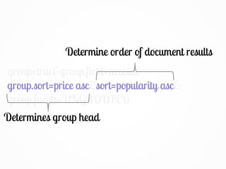 group=true&group.field=accoid&
group.sort=price asc&sort=popularity asc&
group.facets=UNGROUPED
Determines group head
group.sort=price asc
Determine order of document results
sort=popularity asc
 