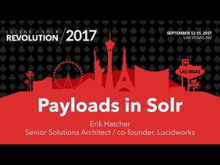 Payloads in Solr
Erik Hatcher
Senior Solutions Architect / co-founder, Lucidworks
 
