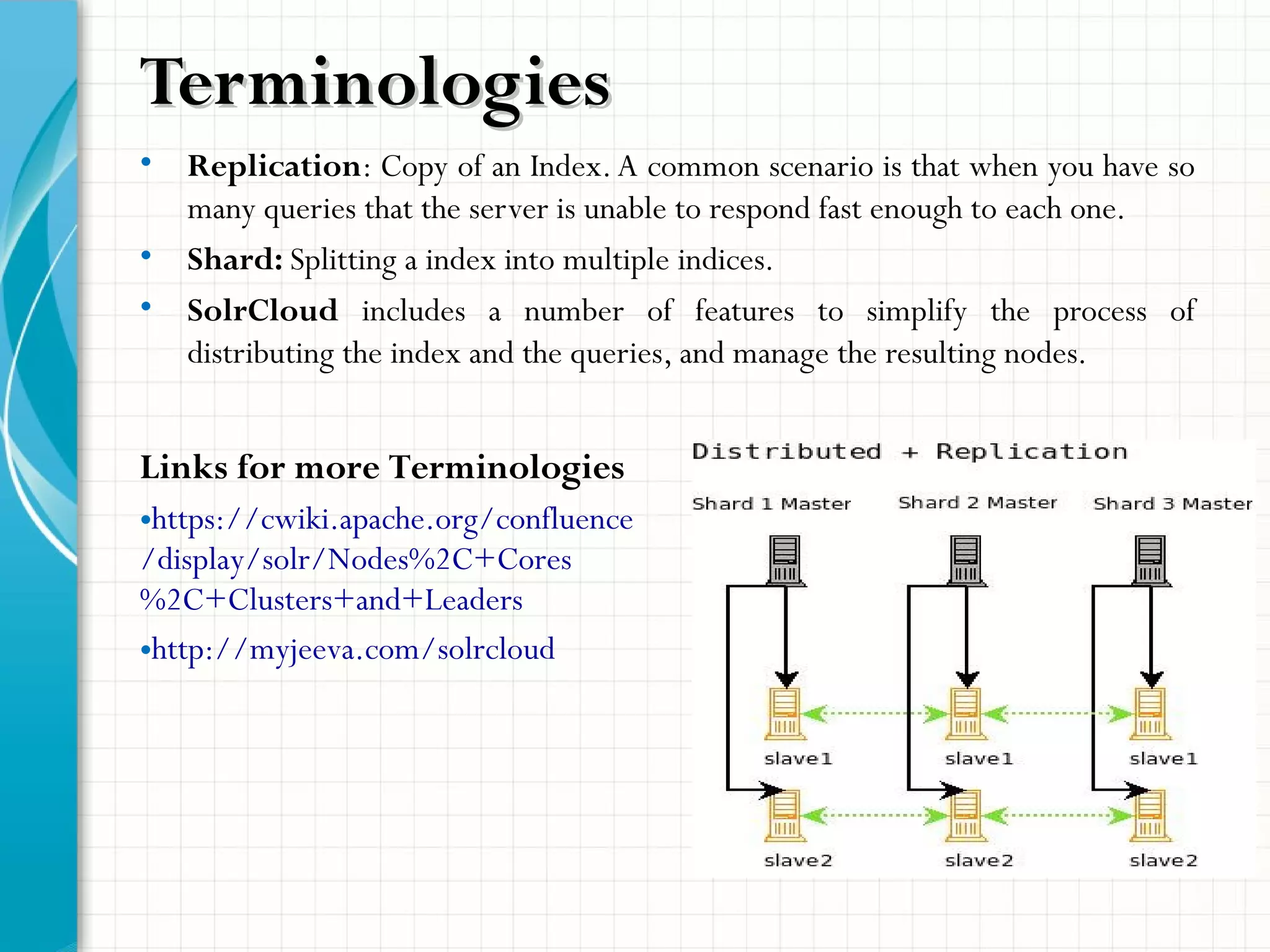 TerminologiesTerminologies
• Replication: Copy of an Index.A common scenario is that when you have so
many queries that the server is unable to respond fast enough to each one.
• Shard: Splitting a index into multiple indices.
• SolrCloud includes a number of features to simplify the process of
distributing the index and the queries, and manage the resulting nodes.
Links for more Terminologies
•https://cwiki.apache.org/confluence
/display/solr/Nodes%2C+Cores
%2C+Clusters+and+Leaders
•http://myjeeva.com/solrcloud
 