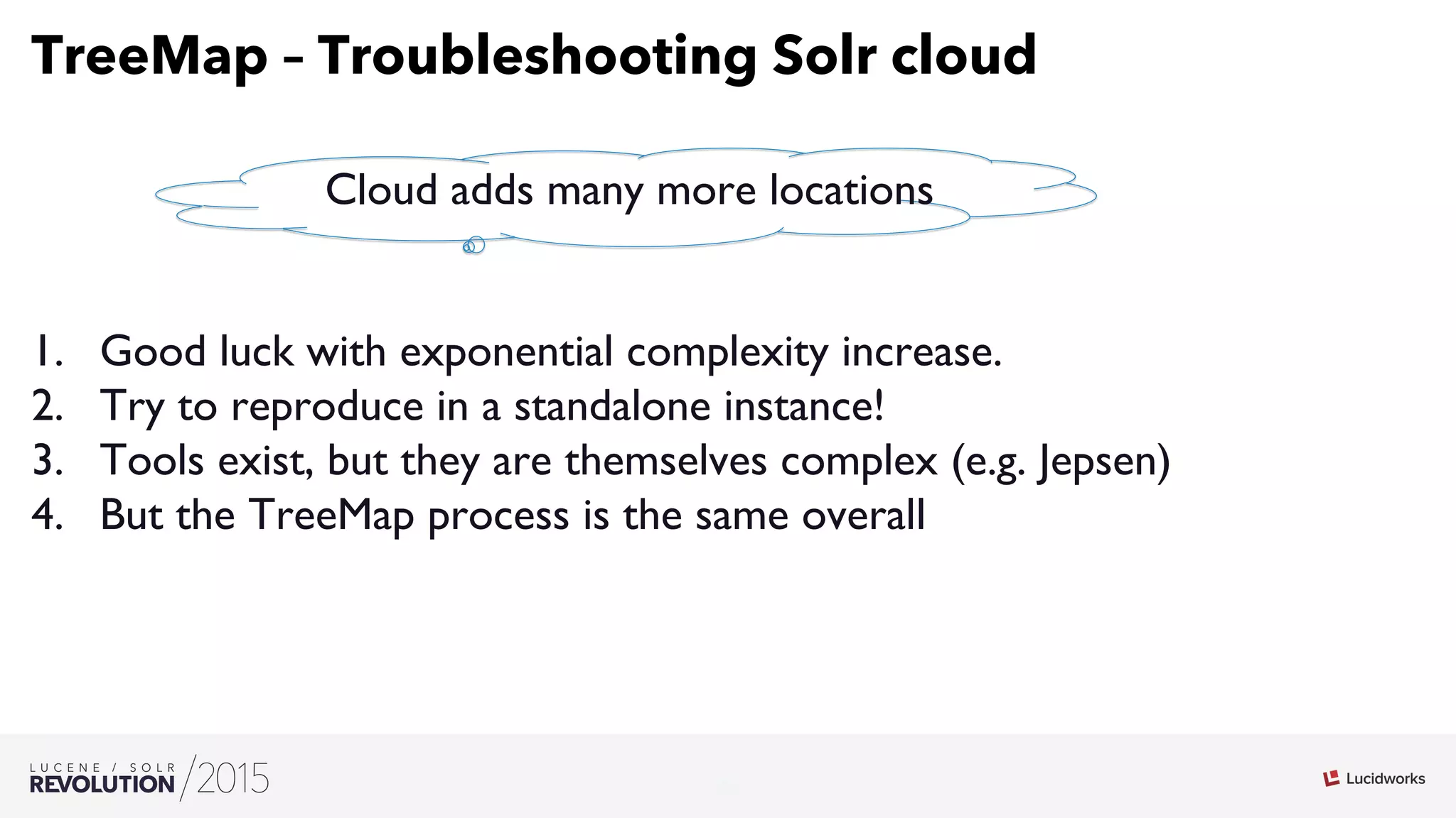 24
03
TreeMap – Troubleshooting Solr cloud
1.  Good luck with exponential complexity increase.
2.  Try to reproduce in a standalone instance!
3.  Tools exist, but they are themselves complex (e.g. Jepsen)
4.  But the TreeMap process is the same overall
Cloud adds many more locations
 