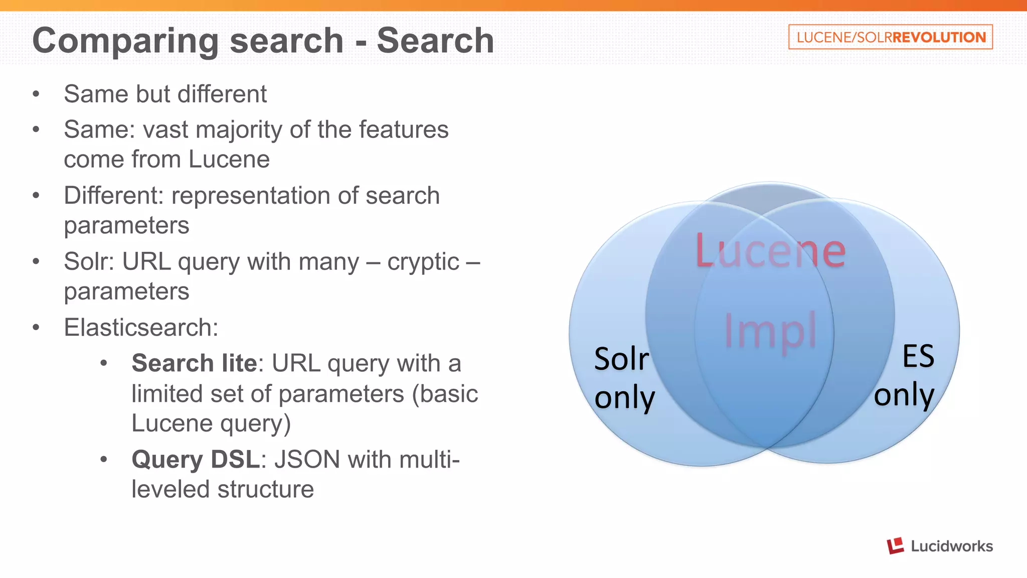 Comparing search - Search 
• Same but different 
• Same: vast majority of the features 
come from Lucene 
• Different: representation of search 
parameters 
• Solr: URL query with many – cryptic – 
parameters 
• Elasticsearch: 
• Search lite: URL query with a 
limited set of parameters (basic 
Lucene query) 
• Query DSL: JSON with multi-leveled 
structure 
Lucene 
Impl 
ES 
only 
Solr 
only 
 