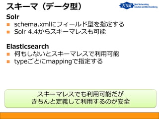 スキーマ（データ型）
Solr
 schema.xmlにフィールド型を指定する
 Solr 4.4からスキーマレスも可能
Elasticsearch
 何もしないとスキーマレスで利用可能
 typeごとにmappingで指定する
スキーマレスでも利用可能だが
きちんと定義して利用するのが安全
 