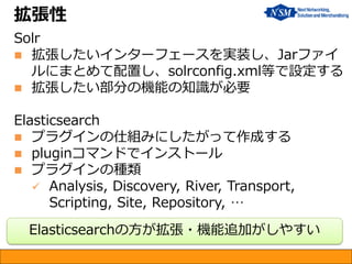 拡張性
Solr
 拡張したいインターフェースを実装し、Jarファイ
ルにまとめて配置し、solrconfig.xml等で設定する
 拡張したい部分の機能の知識が必要
Elasticsearch
 プラグインの仕組みにしたがって作成する
 pluginコマンドでインストール
 プラグインの種類
 Analysis, Discovery, River, Transport,
Scripting, Site, Repository, …
Elasticsearchの方が拡張・機能追加がしやすい
 