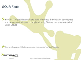 SOLR Facts



 65% of IT organizations were able to reduce the costs of developing
 and deploying their search application by 50% or more as a result of
 using SOLR




 Source: Survey of 26 Solr/Lucene users conducted by TechValidate




     10/23/2012                © 2011 Crown Partners. All Rights Reserved.   1
 