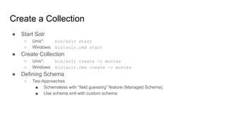Create a Collection
● Start Solr
○ Unix*: bin/solr start
○ Windows: binsolr.cmd start
● Create Collection
○ Unix*: bin/solr create -c movies
○ Windows: binsolr.cmd create -c movies
● Defining Schema
○ Two Approaches
■ Schemaless with “field guessing” feature (Managed Schema)
■ Use schema.xml with custom schema
 