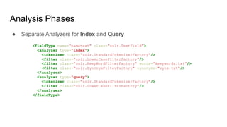 Analysis Phases
● Separate Analyzers for Index and Query
<fieldType name="nametext" class="solr.TextField">
<analyzer type="index">
<tokenizer class="solr.StandardTokenizerFactory"/>
<filter class="solr.LowerCaseFilterFactory"/>
<filter class="solr.KeepWordFilterFactory" words="keepwords.txt"/>
<filter class="solr.SynonymFilterFactory" synonyms="syns.txt"/>
</analyzer>
<analyzer type="query">
<tokenizer class="solr.StandardTokenizerFactory"/>
<filter class="solr.LowerCaseFilterFactory"/>
</analyzer>
</fieldType>
 