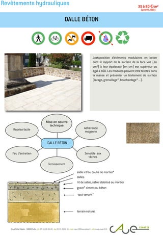 Revêtements hydrauliques
Juxtaposition d’éléments modulaires en béton
dont le rapport de la surface de la face vue (en
cm2) à leur épaisseur (en cm) est supérieur ou
égal à 100. Les modules peuvent être teintés dans
la masse et présenter un traitement de surface
(lavage, grenaillage*, bouchardage* ...).
DALLE BÉTON
35 à 80 €/m2
(prix HT 2010)
Peu d’entretien
Adhérence
moyenne
Mise en oeuvre
technique
Reprise facile
Sensible aux
tâches
Ternissement
DALLE BÉTON
dalles
tout venant*
terrain naturel
lit de sable, sable stabilisé ou mortier
grave* ciment ou béton
sable et/ou coulis de mortier*
 