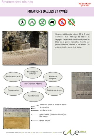 Revêtements résines
Eléments préfabriqués minces (2 à 6 mm)
constitués d’un mélange de résine et
d’agrégats. Ce peut être l’imitation de pavés, de
dalles ou de pierres naturelles. Il existe une
grande variété de textures et de teintes. Ces
pavés sont collés sur un lit de résine.
IMITATIONS DALLES ET PAVÉS
40 à 50 €/m2
(prix HT 2010)
imitations pavés ou dalles en résine
terrain naturel
Peu d’entretien
Adhérence
moyenne
Mise en oeuvre
technique
Reprise assez facile
Sensible aux tâches
Aspect artificiel
PAVÉ / DALLE RÉSINE
grave traitée* (ciment ou bitume) ou
non traitée
enrobé ou béton
lit de résine
 