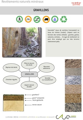 Revêtements naturels minéraux
Granulats* issus de carrières (concassés) ou
issus de rivières (roulés). L’aspect varie en
fonction des roches utilisées : granites, gneiss,
calcaires, schistes... . Ce type de revêtement ne
peut être employé que sur des terrains
relativement plats.
GRAVILLONS
5 à 10 €/m2
(prix HT 2010)
gravillons*
terrain naturel
Entretien régulier
Mauvaise
adhérence
Mise en oeuvre
très facile
Reprise très facile
Sensible
au ruissellement
Aspect naturel
durable
GRAVILLONS
feutre géotextile
grave* compactée
 