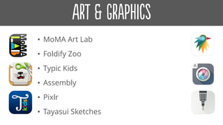 • MoMA Art Lab
• Foldify Zoo
• Typic Kids
• Assembly
• Pixlr
• Tayasui Sketches
 