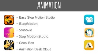 • Easy Stop Motion Studio
• iStopMotion
• Smoovie
• Stop Motion Studio
• Coosi Box
• Animation Desk Cloud
 