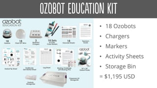 • 18 Ozobots
• Chargers
• Markers
• Activity Sheets
• Storage Bin
= $1,195 USD
 