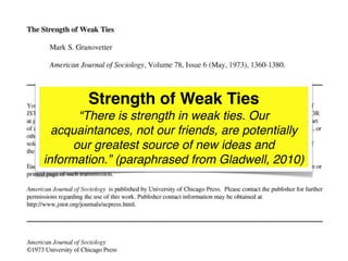 Strength of Weak Ties
       “There is strength in weak ties. Our
  acquaintances, not our friends, are potentially
      our greatest source of new ideas and
information.” (paraphrased from Gladwell, 2010)
 