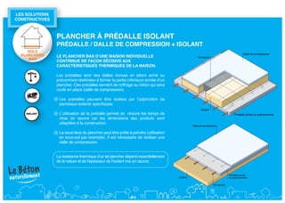 LES SOLuTIONS 
CONSTRuCTIvES



                 PLANCHER à PRédALLE ISOLANT
                 PRédALLE / dALLE dE COmPRESSION + ISOLANT
     SOLS
  PLANCHERS      LE PLANCHER bAS d’uNE mAISON INdIvIduELLE
     BAS
                 CONTRIbuE dE fAçON déCISIvE Aux
                 CARACTéRISTIquES THERmIquES dE LA mAISON.

                 Les prédalles sont des dalles minces en béton armé ou
                 précontraint destinées à former la partie inférieure armée d’un
                 plancher. Ces prédalles servent de coffrage au béton qui sera
                 coulé en place (dalle de compression).

                  Les prédalles peuvent être isolées par l’adjonction de
                  panneaux isolants spécifiques.

                  L’utilisation de la prédalle permet de réduire les temps de
                  mise en œuvre car les dimensions des produits sont
                  adaptées à la construction.

                  La sous-face du plancher peut être prête à peindre (utilisation
                  en sous-sol par exemple). Il est nécessaire de réaliser une
                  dalle de compression.


                 La résistance thermique d’un tel plancher dépend essentiellement
                 de la nature et de l’épaisseur de l’isolant mis en œuvre.
 