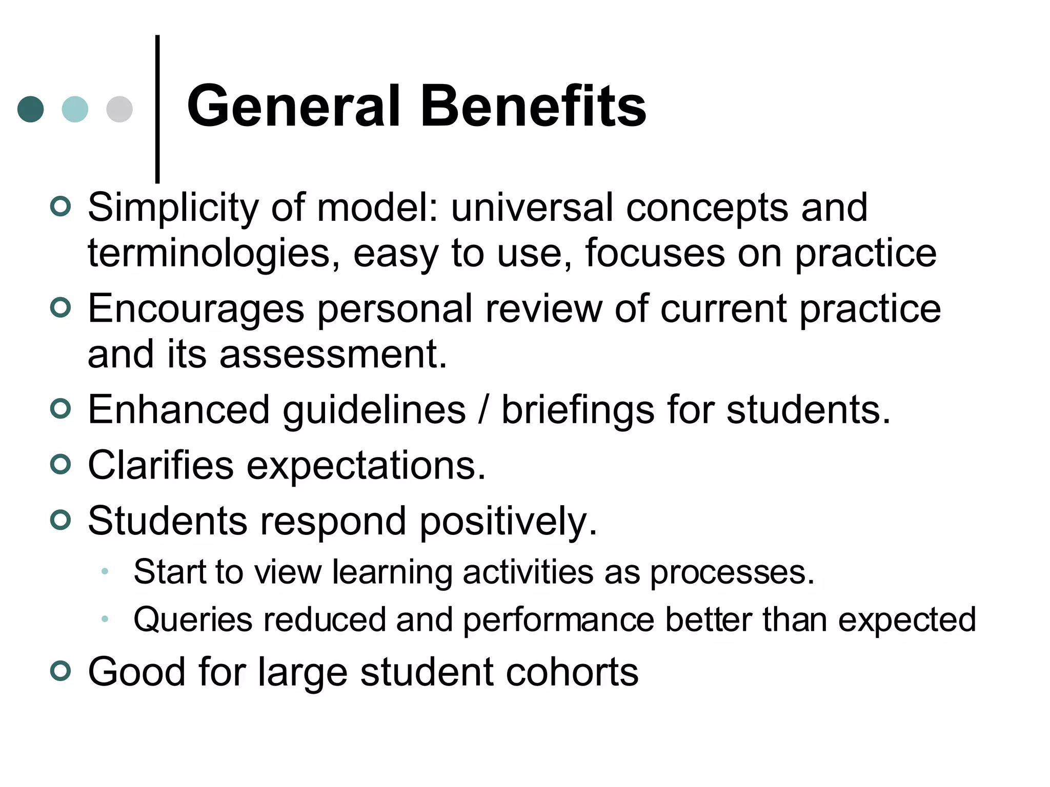 General Benefits Simplicity of model: universal concepts and terminologies, easy to use, focuses on practice Encourages personal review of current practice and its assessment.   Enhanced guidelines / briefings for students. Clarifies expectations. Students respond positively. Start to view learning activities as processes. Queries reduced and performance better than expected Good for large student cohorts 