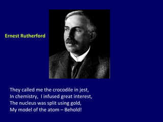 They called me the crocodile in jest, In chemistry,  I infused great interest, The nucleus was split using gold, My model of the atom – Behold! Ernest Rutherford 