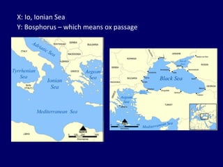 X: Io, Ionian Sea Y: Bosphorus – which means ox passage 