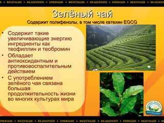 Зелёный чайЗелёный чай
CCодержит полифенолы, в том числе катехинодержит полифенолы, в том числе катехин EGCGEGCG
• Содержит такие
увеличивающие энергию
ингредиенты как
теофиллин и теобромин
• Обладает
антиоксидантным и
противовоспалительным
действием
• С употреблением
зелёного чая связана
большая
продолжительность жизни
во многих культурах мира
 