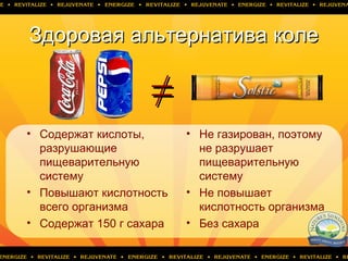 Здоровая альтернатива колеЗдоровая альтернатива коле
• Содержат кислоты,
разрушающие
пищеварительную
систему
• Повышают кислотность
всего организма
• Содержат 150 г сахара
• Не газирован, поэтому
не разрушает
пищеварительную
систему
• Не повышает
кислотность организма
• Без сахара
≠≠
 
