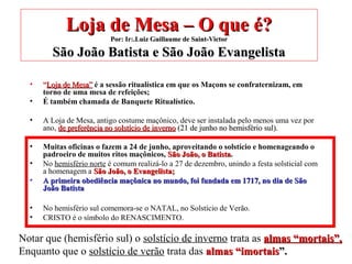 Loja de Mesa – O que é?Loja de Mesa – O que é?
Por: Ir:.Luiz Guillaume de Saint-VictorPor: Ir:.Luiz Guillaume de Saint-Victor
São João Batista e São João EvangelistaSão João Batista e São João Evangelista
• ““Loja de Mesa”Loja de Mesa” é a sessão ritualística em que os Maçons se confraternizam, em
torno de uma mesa de refeições;
• É também chamada de Banquete Ritualístico.
• A Loja de Mesa, antigo costume maçônico, deve ser instalada pelo menos uma vez por
ano, de preferência no solstício de invernode preferência no solstício de inverno (21 de junho no hemisfério sul).(21 de junho no hemisfério sul).
• Muitas oficinas o fazem a 24 de junho, aproveitando o solstício e homenageando o
padroeiro de muitos ritos maçônicos, São João, o BatistaSão João, o Batista.
• No hemisfério norte é comum realizá-lo a 27 de dezembro, unindo a festa solsticial com
a homenagem a São João, o Evangelista;São João, o Evangelista;
• A primeira obediência maçônica no mundo, foi fundada em 1717, no dia de SãoA primeira obediência maçônica no mundo, foi fundada em 1717, no dia de São
João BatistaJoão Batista
• No hemisfério sul comemora-se o NATAL, no Solstício de Verão.
• CRISTO é o símbolo do RENASCIMENTO.
Notar que (hemisfério sul) o solstício de inverno trata as almas “mortais”,almas “mortais”,
Enquanto que o solstício de verão trata das almas “imortaisalmas “imortais”.”.
 