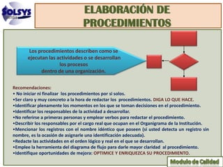 ELABORACIÓN DE
                                 PROCEDIMIENTOS

        Los procedimientos describen como se
       ejecutan las actividades o se desarrollan
                     los procesos
             dentro de una organización.

Recomendaciones:
• No iniciar ni finalizar los procedimientos por si solos.
•Ser claro y muy concreto a la hora de redactar los procedimientos. DIGA LO QUE HACE.
•Identificar plenamente los momentos en los que se toman decisiones en el procedimiento.
•Identificar los responsables de la actividad a desarrollar.
•No referirse a primeras personas y emplear verbos para redactar el procedimiento.
•Describir los responsables por el cargo real que ocupan en el Organigrama de la Institución.
•Mencionar los registros con el nombre idéntico que poseen (si usted detecta un registro sin
nombre, es la ocasión de asignarle una identificación adecuada).
•Redacte las actividades en el orden lógico y real en el que se desarrollan.
•Emplee la herramienta del diagrama de flujo para darle mayor claridad al procedimiento.
•Identifique oportunidades de mejora: OPTIMICE Y ENRIQUEZCA SU PROCEDIMIENTO.
 