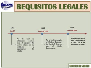 REQUISITOS LEGALES

1993                                 2005                              2007

Ley 87                            Decreto 1599                      Decreto 2913



         Por    la    cual   se                                         Se fija como plazo
         establecen     normas              Por el cual se adopta       para implementar
         para el ejercicio del              el Modelo Estándar          el MECI el 8 de
                                            de Control Interno          diciembre de 2008.
         control interno en las
         entidades            y             para     el    Estado
         organizamos        del             Colombiano.
         estado.
 