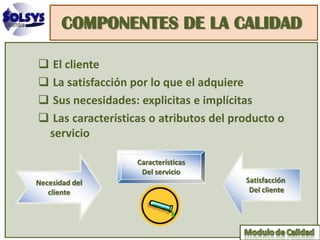 COMPONENTES DE LA CALIDAD

 El cliente
 La satisfacción por lo que el adquiere
 Sus necesidades: explicitas e implícitas
 Las características o atributos del producto o
 servicio

                   Características
                    Del servicio
Necesidad del                           Satisfacción
   cliente                               Del cliente
 