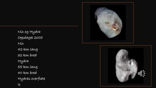 Nix og Hydra
Oppdaget 2005
Nix
42 km lang
32 km bred
Hydra
55 km lang
40 km bred
Hydras overflate
Is
Hydra
Nix
 
