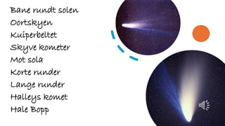 Bane rundt solen
Oortskyen
Kuiperbeltet
Skyve kometer
Mot sola
Korte runder
Lange runder
Halleys komet
Hale Bopp
 