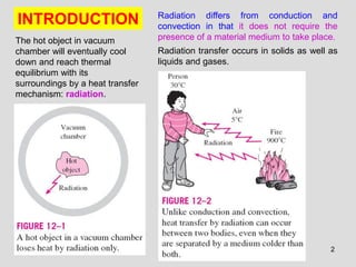 2
INTRODUCTION Radiation differs from conduction and
convection in that it does not require the
presence of a material medium to take place.
Radiation transfer occurs in solids as well as
liquids and gases.
The hot object in vacuum
chamber will eventually cool
down and reach thermal
equilibrium with its
surroundings by a heat transfer
mechanism: radiation.
 