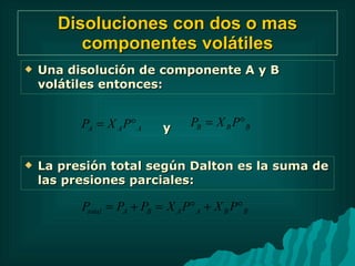 Disoluciones con dos o mas componentes volátiles Una disolución de componente A y B volátiles entonces: y La presión total según Dalton es la suma de las presiones parciales: 