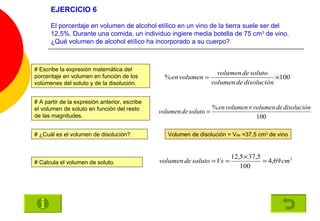 EJERCICIO 6 El porcentaje en volumen de alcohol etílico en un vino de la tierra suele ser del 12,5%. Durante una comida, un individuo ingiere media botella de 75 cm 3  de vino. ¿Qué volumen de alcohol etílico ha incorporado a su cuerpo? # Escribe la expresión matemática del porcentaje en volumen en función de los volúmenes del soluto y de la disolución. # A partir de la expresión anterior, escribe el volumen de soluto en función del resto de las magnitudes. # ¿Cuál es el volumen de disolución? Volumen de disolución = V ds  =37,5 cm 3  de vino # Calcula el volumen de soluto. 