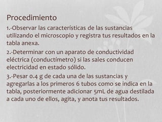 Procedimiento
1.-Observar las características de las sustancias
utilizando el microscopio y registra tus resultados en la
tabla anexa.
2.-Determinar con un aparato de conductividad
eléctrica (conductímetro) si las sales conducen
electricidad en estado sólido.
3.-Pesar 0.4 g de cada una de las sustancias y
agregarlas a los primeros 6 tubos como se indica en la
tabla, posteriormente adicionar 5mL de agua destilada
a cada uno de ellos, agita, y anota tus resultados.
 