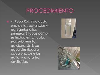  4. Pesar 0.4 g de cada
una de las sustancias y
agregarlas a los
primeros 6 tubos como
se indica en la tabla,
posteriormente
adicionar 5mL de
agua destilada a
cada uno de ellos,
agita, y anota tus
resultados.
 