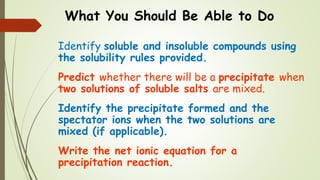 What You Should Be Able to Do
Identify soluble and insoluble compounds using
the solubility rules provided.
Predict whether there will be a precipitate when
two solutions of soluble salts are mixed.
Identify the precipitate formed and the
spectator ions when the two solutions are
mixed (if applicable).
Write the net ionic equation for a
precipitation reaction.
 